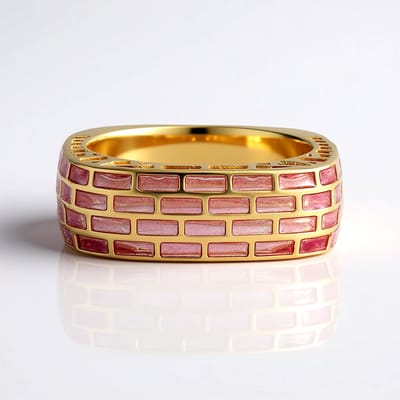 Cavill - Brede Zilveren Ring Dames - 925 Sterlingzilver Verguld - Roze Emaille Baksteenpatroon - Elegante Modieuze Statement Ring - Maat 17 18 19