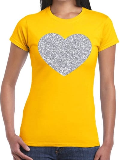 Feestkleding verkleedkleding t-shirt - met zilveren hartje - geel - voor dames - Glitter and Glamour XS