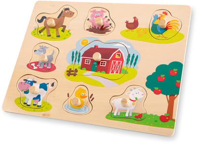 Woet® Houten Knoppuzzel Boerderij - 8 Puzzelstukjes - FSC - Houten Puzzel met Knopjes - Educatief Peuterspeelgoed - Vanaf 2 Jaar