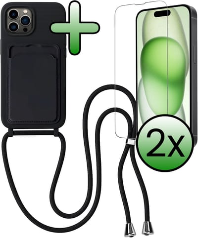 Hoes Geschikt voor iPhone 14 Pro Hoesje Pas Houder Case Hoes Met Koord Met 2x Screenprotector - Hoesje Geschikt voor iPhone 14 Pro Hoes Met Telefoonkoord Pasjeshouder Cover - Zwart