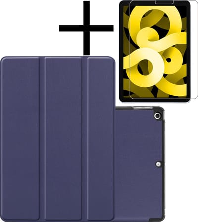 Hoes - Geschikt voor Apple iPad Air 5 (2022) - 10.9 inch - 5e Generatie - M1 - Met Screenprotector - Trifold Bookcase - Hard Cover - Hardcover Book Case - Tablet Hoesje - Donkerblauw