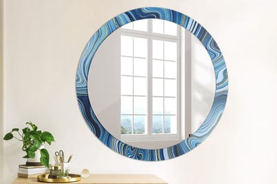 Wallfluent Bedrukte Ronde Spiegel - Ronde Wandspiegel Met Print Marmeren Rivier - 90 cm / 76 cm - Gouden - Gouden Ronde Wandspiegel Decoratieve Print - Inloopkastspiegel - Badkamerspiegel - Toiletspiegel - Ophangsysteem