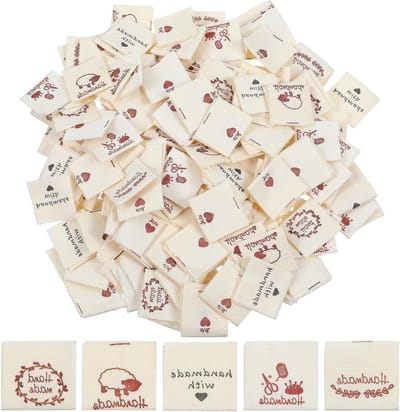 200 handgemaakte labels voor naaien, stoffen labels, textiel labels, DIY naaiprojecten, decoratie, haakjes (6 kleuren)