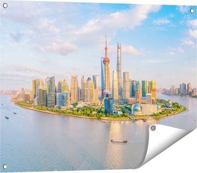 Gards Tuinposter Skyline Shanghai Stad in China - 80x60 cm - Tuindoek - Tuindecoratie - Wanddecoratie buiten - Tuinschilderij