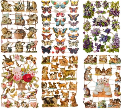 Poëzieplaatjes - 6 vellen - plaatjes - hobby - creatief - decoupage - knutselen - scrapboek met Katten - Vlinders - Bloemen - Honden