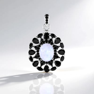 Cavill - Zilveren Hanger - 925 Sterling Zilver - Regenboog Maansteen 2,92 ct Ovaal Cabochon - Zwarte Spinel 3,92 ct - Elegante Edelsteen Hanger Dames