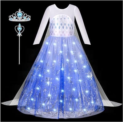 Lichtgevende Prinsessenjurk voor Meisjes, Paars met Blauw Kroon Scepter, Geschikt voor Halloween en Feestjes, Cosplay Outfit voor Kinderen van 2-8 Jaar
