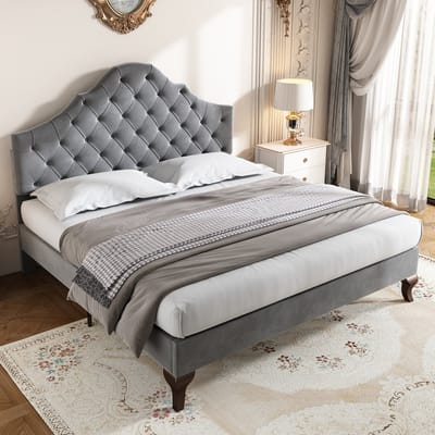 DESMIU Gestoffeerd Bed 140x200 cm - Hoofdbord Met Verstelbare Steun - Lattenbodem Met Middenbalk - Voor Volwassenen En Jongeren - Fluweel Grijs - Zonder Matras