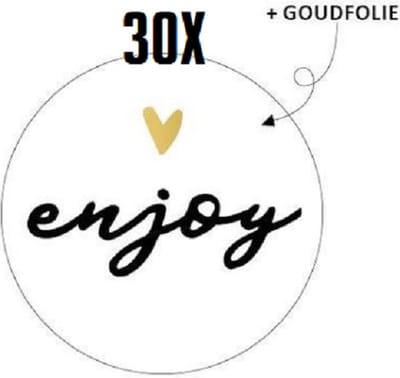 30x sluitsticker - Enjoy - Sluitzegel - Zwart – Wit – Goud – Hartje - Trouwkaart – Geboortekaart – Envelop - Harten - Envelop stickers - Wens - Cadeau – Gift – Cadeauzakje – Traktatie - Leuk inpakken - Huwelijk - Babyshower – Kraamfeest