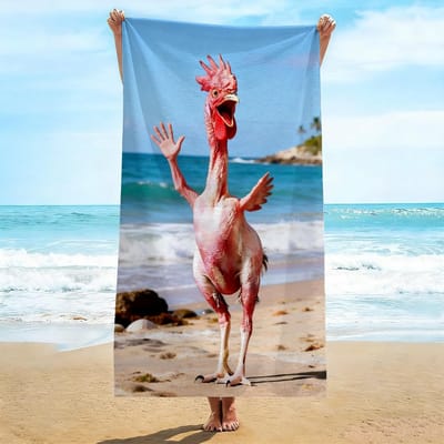 Grappige Naakte Kip Strandlaken, Zwaaiende Verenloze Kip Print Extra Groot Badlaken, Zacht Sneldrogend Humoristisch Strandkleed W95*H135(CM)