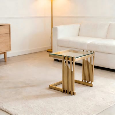 MIVRAY Bijzettafel - Vierkant Met Gehard Glas - Voor Woonkamer En Slaapkamer - Rvs En Glas - 41 Cm - Goud Transparant