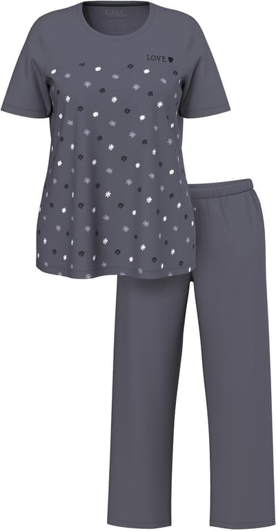 Ulla Popken - Dames - Pyjama bloemen borduursel ronde hals korte mouw - Donkergrijs - Maat 46+