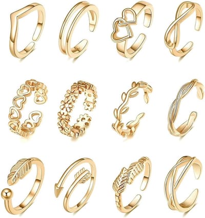 Verstelbare Gouden Teenringen Set van 12 Stuks, Hartvormige Ringen en Duurzame Voetjuwelen voor de Zomer
