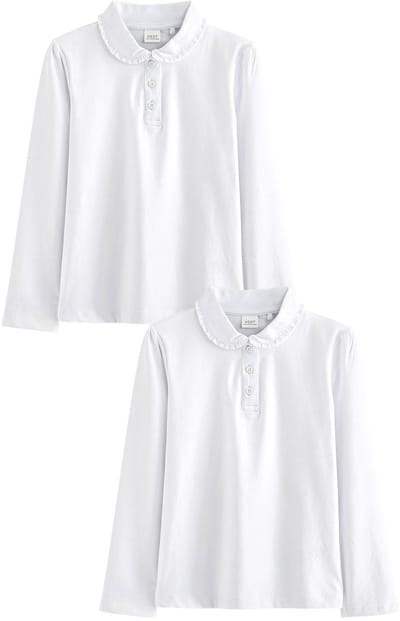 Next - Meisjes - Schoolpolotops van stretchy katoen met lange mouwen en ruches, set van 2 - Wit