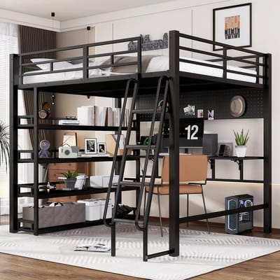 Hoogslaper 140x200 cm - met opbergruimte - met oplaadpunt - om dingen op te hangen - zwart - zonder matras
