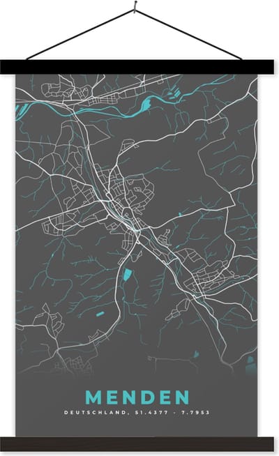 Posterhanger incl. Poster 40x60 cm - Schoolplaat - Duitsland – Blauw – Menden – Stadskaart – Kaart – Plattegrond - Textielposter - Zwarte latten - Stadskaart