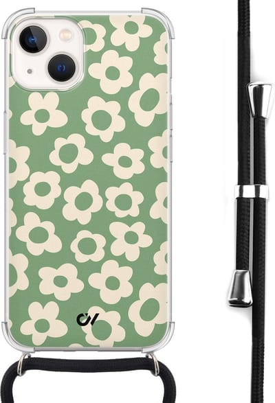 Casevibes - Telefoonhoesje met koord - Geschikt voor Apple iPhone 13 - Retro Cute Flowers - Groen -