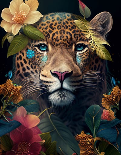 AI - Woondecoratie - Poster - Dieren - Tijger - Bloemen en jungle - 44 - 30 x 40 cm