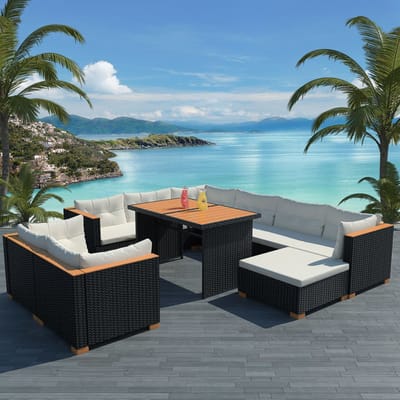 vidaXL - 10-delige - Loungeset - met - kussens - poly - rattan - zwart