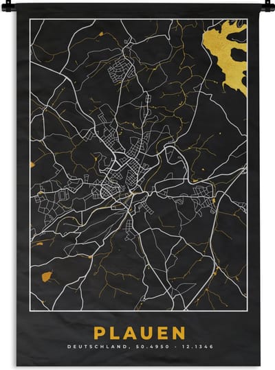 Wandkleed - Wanddoek - Plauen - Stadskaart - Plattegrond - Kaart - Goud - Duitsland - 120x180 cm - Wandtapijt