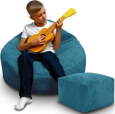 DreamRoots Zitzak voor Volwassenen & Kinderen – Corduroy Bean Bag Stoel met Voetsteun & Hoes – Inclusief Vulling – 70x70x70 cm – Ocean Depths