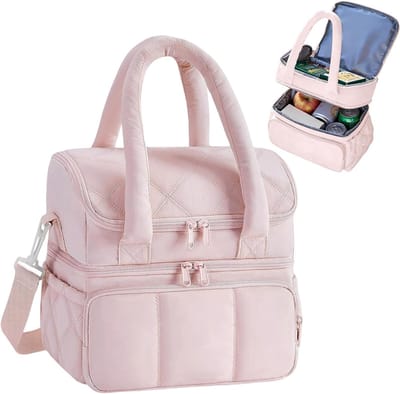 Draagbare koeltas met schouderbanden, geïsoleerde picknicktas voor werk, school en uitjes, gewatteerd en stijlvol (roze)