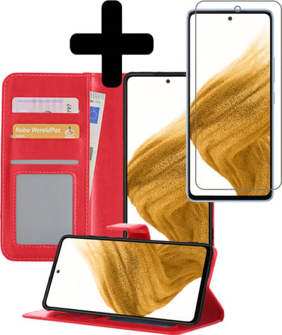 Hoesje - Met Screenprotector - Geschikt voor Samsung Galaxy A53 - Luxe Pasjeshouder - Bookcase Portemonee - Flip Case - Kunstleer Book Case - Flipcase - Book Cover - Walletcase - Portemonneehoes - Telefoonhoesjes - Rood