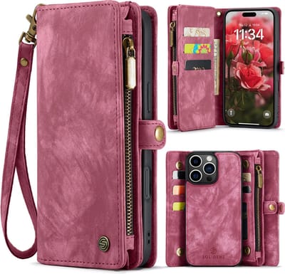 Geschikt Voor iPhone 16 Pro Hoesje - Solidenz Wallet Case 16 Pro - Telefoonhoesje 16 Pro - 16 Pro Case Met Pasjeshouder - Met Ritsvak - Met Polskoord - Portemonee Hoes - Rood