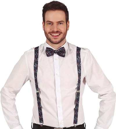 Fiestas Guirca Kerst accessoires set - bretels en strikje - zwart - kerstverlichting opdruk - volwassenen