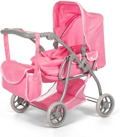 Mamamemo Roze Poppenwagen met Verstelbare Duwstang 59x35.5x62 CM - Inclusief Poppenverzorgingstas en uitneembare Draagtas
