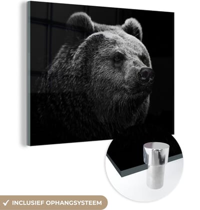 MuchoWow® Glasschilderij 160x120 cm - Schilderij acrylglas - Beer - Licht - Zwart - Foto op glas - Schilderijen