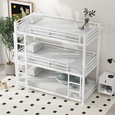 Wishdor Drievoudig stapelbed 3x 90x200 cm - Stalen frame & veiligheidshekken - Metaal - Wit - Maximale slaapcapaciteit voor vakantiehuis of groot gezin