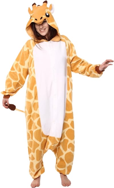 KIMU® Onesie Giraf Pak - Maat S-M of 158-164 - Girafpak Kostuum Oranje Geel Giraffe - Jumpsuit Zacht Huispak Dierenpak Pyjama Dames Heren Festival