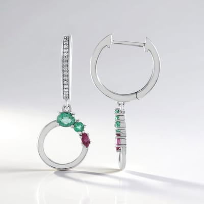 Cavill - Zilveren Oorbellen - 925 Sterling Zilver Geplatineerd - Russische Smaragden 0,80 ct & Madagaskar Robijn 0,16 ct - Modern & Elegant