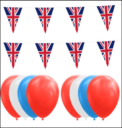 Groot-Brittannie feestpakket Big – 6x Vlaggenlijn 10 meter + 150 ballonnen rood/wit/blauw - Versiering Slinger Feestdecoratie Decoratie