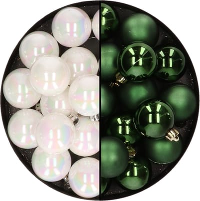 32x stuks kunststof kerstballen mix van parelmoer wit en donkergroen 4 cm - Kerstversiering