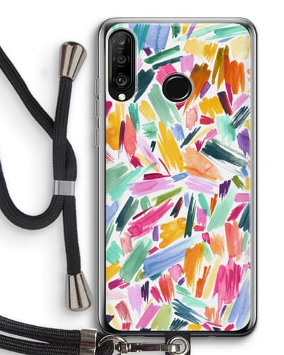 Case Company® - Hoesje met koord geschikt voor Huawei P30 Lite hoesje met Koord - Watercolor Brushstrokes - Telefoonhoesje met Zwart Koord - Bescherming aan alle Kanten en Over de Schermrand