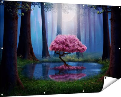 Gards Tuinposter Roze Boom op een Vijver in de Nacht - 150x100 cm - Tuindoek - Tuindecoratie - Wanddecoratie buiten - Tuinschilderij
