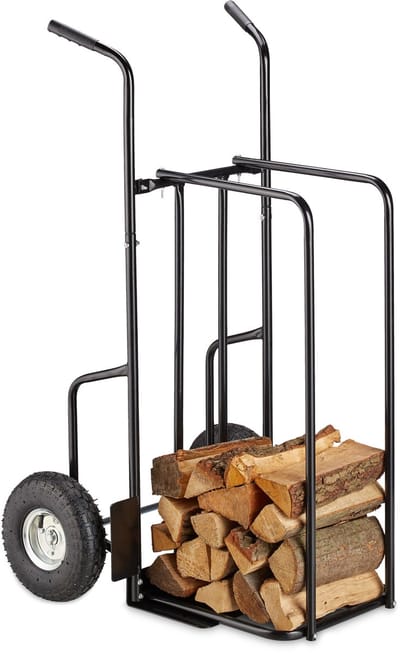 brandhoutkar XL - metaal - 2 grote rubberen wielen - 200 kg - luchtbanden - opslag - zwart