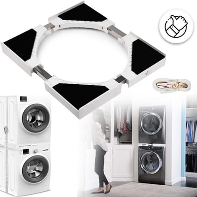 Stapelbare Wasmachine-Drogerset - Verstelbare Breedte Van 46-66cm Draagvermogen Van 100kg - Roestvrij Staal En Kunststof 8 Antislipkussens Veiligheidsriem - Ruimtebesparende Wasoplossing