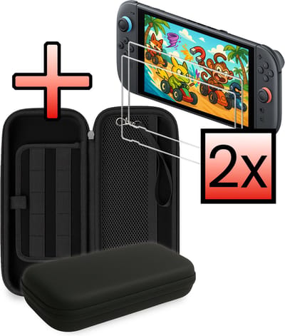 Hoesje Geschikt voor Nintendo Switch 2 Case Hoes Hard Cover Koord Met 2x Screenprotector - Hoes Geschikt voor Nintendo Switch 2 Hoes - Zwart