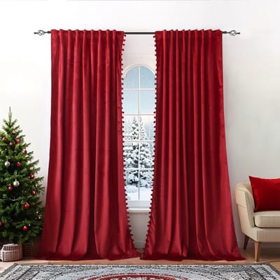 MUPOO Velours Gordijnen met Pompoms – 2 Stuks Kerst Gordijnen, Verduisterend en Warmteblokkend, Voor Woonkamer en Slaapkamer, Feestelijk Rood, Kerstversiering, Winter Party Decor, 132x214 cm