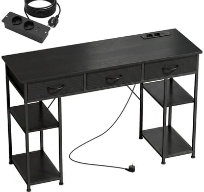Zwart bureau met opbergruimte - Computerbureau met stopcontact en USB - Lades en planken - 120x40 cm - Zwart