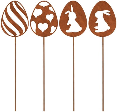 Dailygoods- Paasei Tuin Decoratie 30cm - Roest Metalen Plug - 4 Stuks - Bloemplug - 3D-effect - Decoratieve Figuren - Tuindecoratie