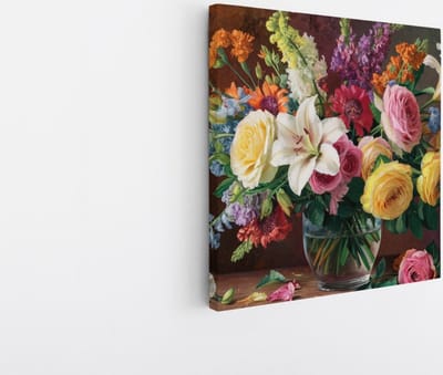Saammp Canvas Schilderij - Kleurrijk - Bloemen in vaas - Abstract - Natuur - 20x20 - Foto op canvas - Wanddecoratie - Muurdecoratie Woonkamer - Kantoor Decoratie