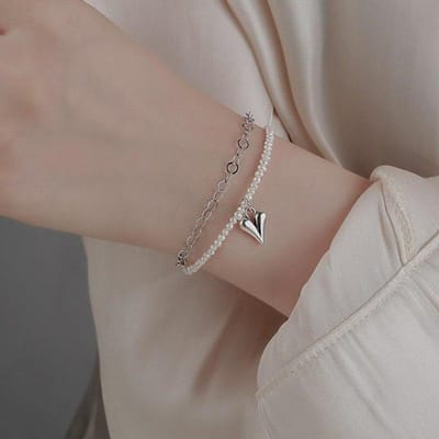 925 Sterling Zilver Dubbele Laag Hart Bedel Armband & Armband Voor Vrouwen Mode Sieraden Pulseras Mujer SL367 gray