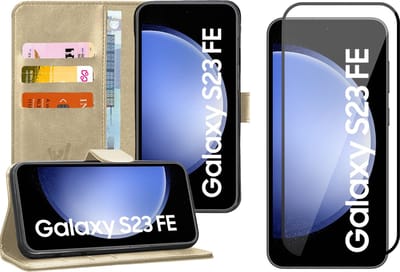 Hoesje geschikt voor Samsung Galaxy S23 FE - Screenprotector Volledig Dekkend Glas - Portemonnee Book Case Goud
