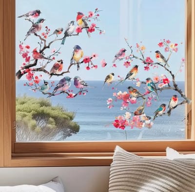 Muursticker - Raamsticker Vogeltjes - Diverse vogels en boomtakken - Tak - Winter - Muur Sticker / Raam sticker Keuken – Handgeschilderd | Kinderkamer | Jongens – Meisjes – Baby | Decor - Poster | Verwijderbaar – Zelfklevend plakfolie | DH collection