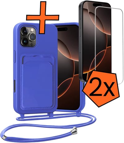 Hoesje Geschikt voor iPhone 16 Pro Hoesje Met Telefoonketting Pasjeshouder Case Met 2x Screenprotector Koord - Hoesje Geschikt voor iPhone 16 Pro Hoes Met Kaarthouder - Felblauw