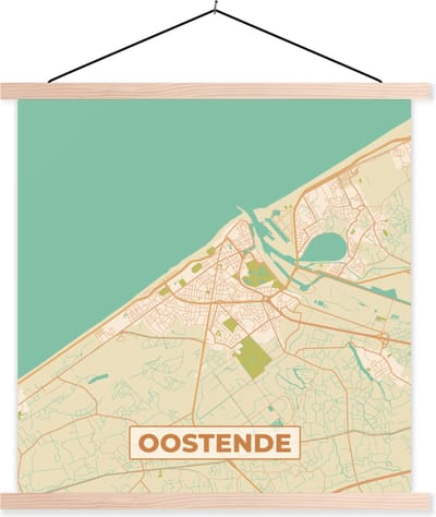 Posterhanger incl. Poster 40x40 cm - Schoolplaat - Plattegrond - Stadskaart - Oostende - België - Kaart - Textielposter - Blanke latten - Stadskaart